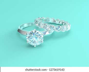 Solitaire Diamond Engagement Ring, Eternity Ring On Tiffany Blue Background. 3D Illustration