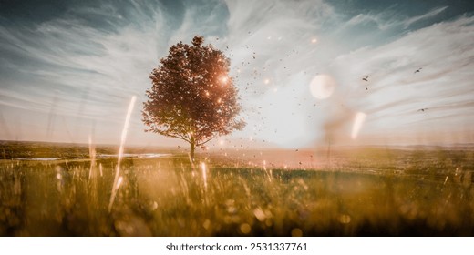 A solitary autumn tree in a meadow. Leaves fall from the tree as birds fly across the sky. The golden light of the setting sun highlights the serene landscape. 3d render - Powered by Shutterstock