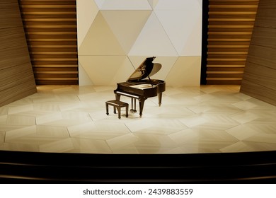 A solitary black grand piano sits on a polished parquet floor in a modern concert hall, spotlighted and surrounded by geometric acoustic panels, ready for a performance. - Powered by Shutterstock