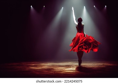 Solo Flamenco Performer In A Dramatic On Stage Performance. Dancing With A Red Dress In Motion. Flamenco Dance Choreography Of Dancer With Hand In The Air. Hispanic Cultural Performance.