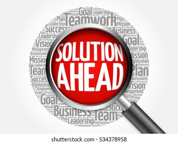 Solution ahead word cloud with magnifying glass, business concept 3D illustration