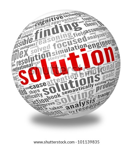 Solution concept in word tag cloud on sphere, 3d render