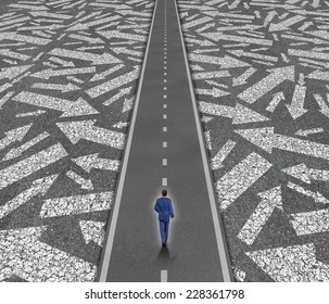 Solution Path Business Concept As A Businessman On A Clear Road Cutting Through Confusing Road Arrows As A Success Direction Metaphor For Achievement And Focus.