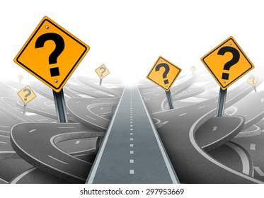 Solution and strategy path questions and clear planning for ideas in business leadership with a straight path to success with yellow traffic signs cutting through a maze of highways.