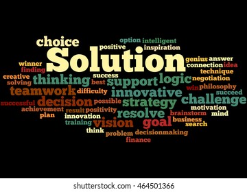 Solution, word cloud concept on black background.