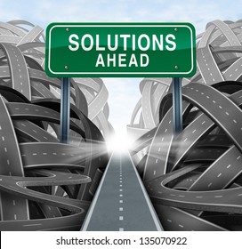 Solutions Ahead And Business Answers Concept With A Green Highway Sign As An Icon Of Breaking Out From A Confusion Of Tangled Roads With A Clear Strategic Path.