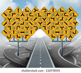 Solutions For Business Leadership As A Clear Strategy With A Straight Path To Success Choosing The Right Strategic Path With Yellow Traffic Signs Cutting Through A Maze Of Tangled Roads And Highways.