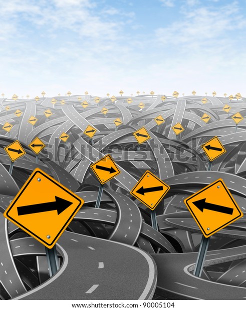 矢印が絡み合う道路や高速道路が混み合った状態で 黄色い交通標識 を持つビジネスに最適な戦略的道筋を選択し 目標と戦略的な道筋を持つソリューションと戦略 のイラスト素材