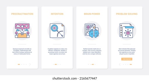 Solving Business Problems Concept Illustration. UX, UI Onboarding Mobile App Page Screen Set With Line Intention Procrastination, Human Brain Power Abstract Symbols, Business Goal Target