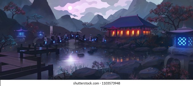 Sombre atmosphere in a Japanese Garden influenced illustration set under a full moon with golden reflections in the water.