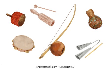 Some Brazilian musical instruments, used in Capoeira and other rhythms. Illustration isolated on white background, easy to select and recolor. 
