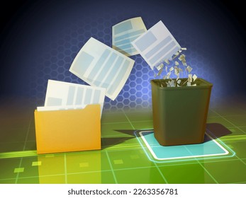 Some digital documents going from a file folder to a trashcan. Digital illustration, 3D rendering.