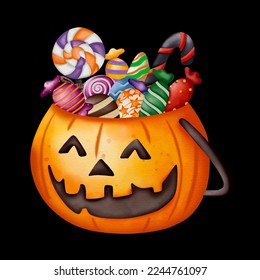 Some gift   candies in pumpkin bucket  art drawing graphic design 