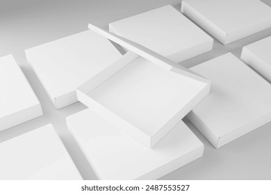 Some neatly organised Pizza packaging. Pizza box with open and closed lid, empty parcel box, and isolated 3d illustration shipping parcel mockup - Powered by Shutterstock