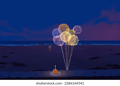 Someone is having a birthday celebration at a beautiful seaside location, with a slice of cake, a candle, and light balloons, which suggest a festive atmosphere. - Powered by Shutterstock