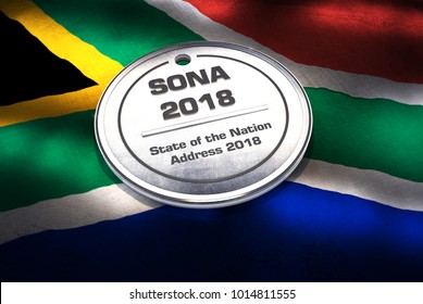 SONA 2018. 3d Illustration Of South African 2018 State Of The Nation Address Badge On South African Flag