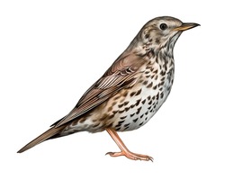 Song Thrush, Turdus Philomelos, Songbird, Inhabitant Of Europe, Asia Minor, Siberia, Realistic Drawing, Illustration For Animal Encyclopedia, Isolated Image On White Background