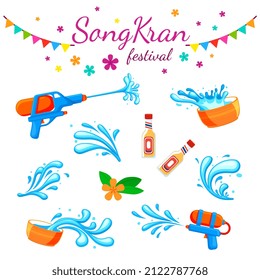 Songkran festival. Color thai water party, thailand travel elements. Wet asian traditional holiday, tourism symbols and splashes recent set