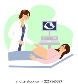 Sonographer Scanning And Examining Pregnant Woman In Hospital Medical Office. Examination During Pregnancy. Concept Of Medicine Ultrasound Scan. Happy Future Mother At Medical Checkup.