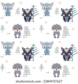 A soothing, hand-drawn, seamless doodle pattern in cool blue tones, featuring woodland creatures and whimsical companions. Perfect for a serene and eye-catching addition to various creative projects. - Powered by Shutterstock