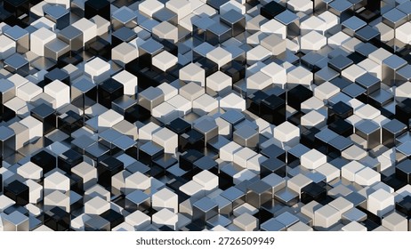 A sophisticated 3D geometric pattern of interlocking black, white, and silver cubes of varying heights, creating a sleek, metallic textured surface.