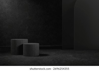 Sophisticated dark studio backdrop features two rough textured cylindrical display stands An elegant curved architectural element frames the right side, perfect for product photography