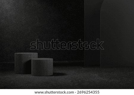 Sophisticated dark studio backdrop features two rough textured cylindrical display stands An elegant curved architectural element frames the right side, perfect for product photography