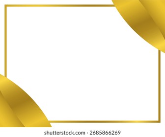 A sophisticated golden rectangular border on a pristine white canvas, accented by two abstract golden curved shapes in opposite corners, ideal for design templates.