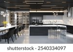 A sophisticated modern kitchen features a sleek black and white color scheme. centralized around a marble island, it includes high-end appliances, plush seating, and an elegant wine display. 