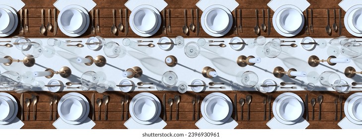 Sophisticated Overhead Dining Table Setup with Elegant White Tableware. 3D Illustration - Powered by Shutterstock