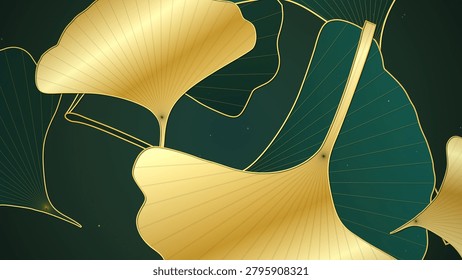 A sophisticated pattern featuring shimmering golden ginkgo leaves contrasted against a deep dark green background, evoking luxury and natural elegance.
