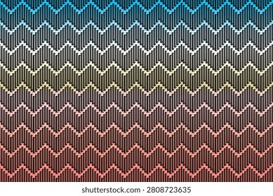 A sophisticated seamless 3D geometric pattern with a smooth blue to warm earthtone and terracotta color gradient backdrop. Beautiful isometric zigzag columns with vertical textures, perfect for high-end interior wallpaper.
