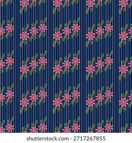 A sophisticated seamless pattern featuring clusters of pink flowers and green vines over a navy blue and grey vertical striped background. Ideal for textile design, wallpaper, and stationery