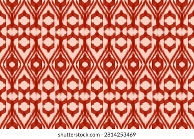 A sophisticated seamless pattern featuring repeating ikat-inspired diamond and hexagonal geometric motifs in warm terracotta on a soft blush background. The handcrafted woven texture and symmetrical composition create a timeless ethnic aesthetic, making this design ideal for textiles, fashion fabrics, wallpaper, upholstery, home décor, gift wrap, stationery, packaging, and digital surface pattern applications.