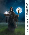 Sorcerer doing magic on a book at night in a mysterious forest with fog and a big full moon
