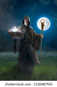 Sorcerer doing magic on a book at night in a mysterious forest with fog and a big full moon
