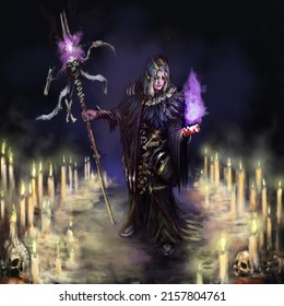 The Sorcerer Performs A Dark Ritual, Candles Around Him, A Staff With A Skull In His Hand, He Is Wearing A Mantle With Feathers And Amulets. Digital Drawing Style, 2D Illustration