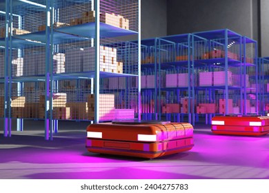 Sorting robots. Several sorting robots in logistics center. Automated fulfillment equipment. Distribution robots in production. Automatic trolleys for moving warehouse 3d image