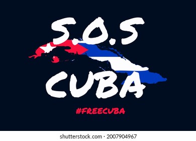 SOS Cuba Lettering With Cuba Island Map And Flag As A Background. Free Cuba, Protests Fighting For Freedom And Democracy