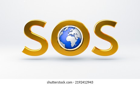 Sos. Golden Letters On A Light Background. Earth. Morse Code. A Signal For Help. 3D Rendering. Illustration.