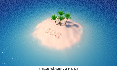 SOS Sign Written In Sand Of Tropical Island Beach Above Water. 3D-rendering.