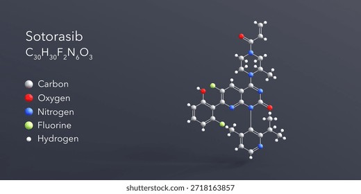 sotorasib molecule 3d rendering, flat molecular structure with chemical formula and atoms color coding