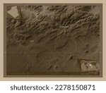 Souk Ahras, province of Algeria. Elevation map colored in sepia tones with lakes and rivers. Locations and names of major cities of the region. Corner auxiliary location maps