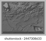 Souk Ahras, province of Algeria. Grayscale elevation map with lakes and rivers. Corner auxiliary location maps