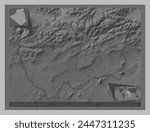 Souk Ahras, province of Algeria. Grayscale elevation map with lakes and rivers. Locations of major cities of the region. Corner auxiliary location maps