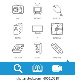 Sound, Club Music And Retro Radio Icons. PC Mouse And Case, Hard Disk Linear Signs. TV Remote Icons. Video Cam, Book And Magnifier Search Icons. 