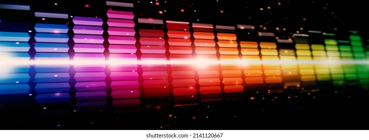 Sound Equalizer. Wave Pattern Of Music Sounds Element On Monitor Screen. Digital Equalizer. Modern Song Equalisers Dark Background. Colorful Waveform Of Musical Soundtrack. Music Equalizers Display. 