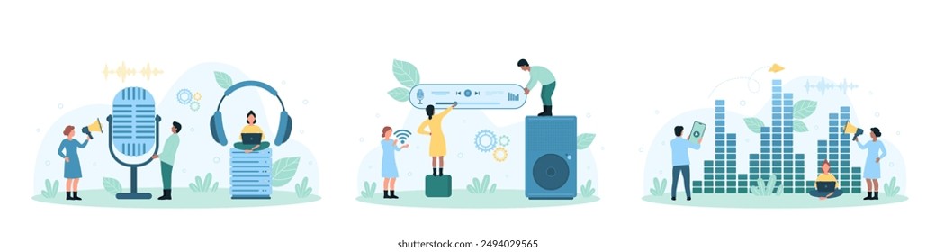 Sound recording set illustration. Cartoon tiny people record radio podcast with microphone, listen soundwaves of music with headphones, control smart equalizer panel and voice assistant - Powered by Shutterstock