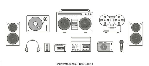 Sound Systems Retro Collection. Portable Player, Headphones, Cassette Player, Stereo System, Speakers, Record Player, Tape Recorder, Mic, Radio, Vinyl Player Contour Line Art Illustration Set