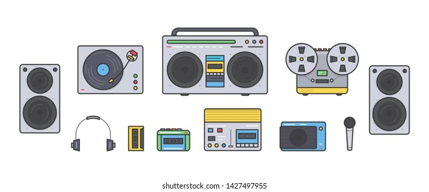 Sound Systems Retro Collection. Portable Player, Headphones, Cassette Player, Stereo System, Speakers, Record Player, Tape Recorder, Mic, Radio, Vinyl Player. Colorful  Line Art Illustration Set